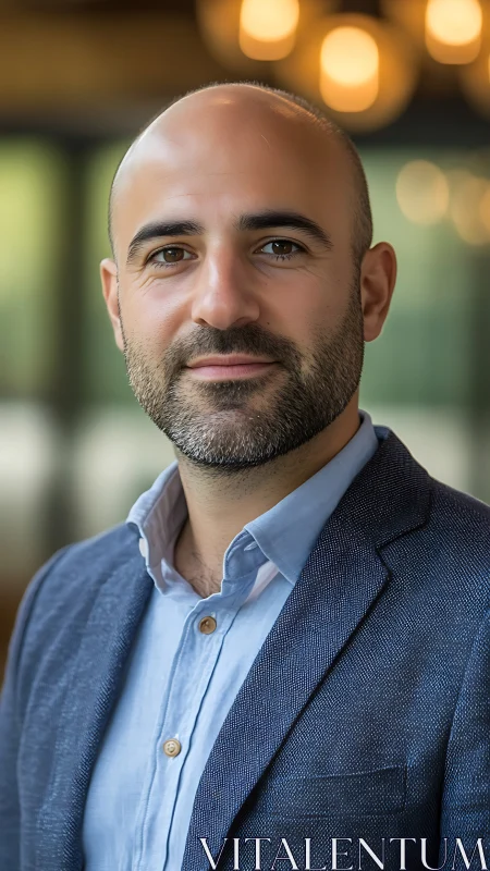 Bald man in blue blazer indoors with soft blurred lights background.