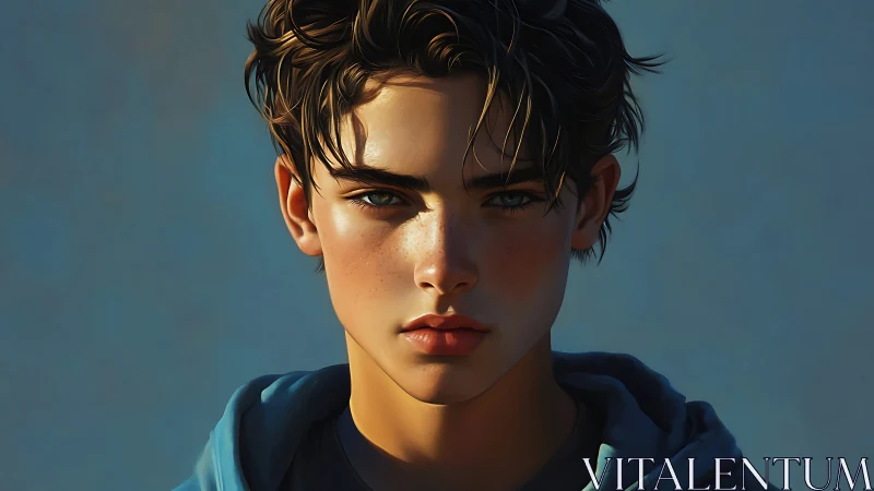Digital portrait depicts young person in direct frontal view
