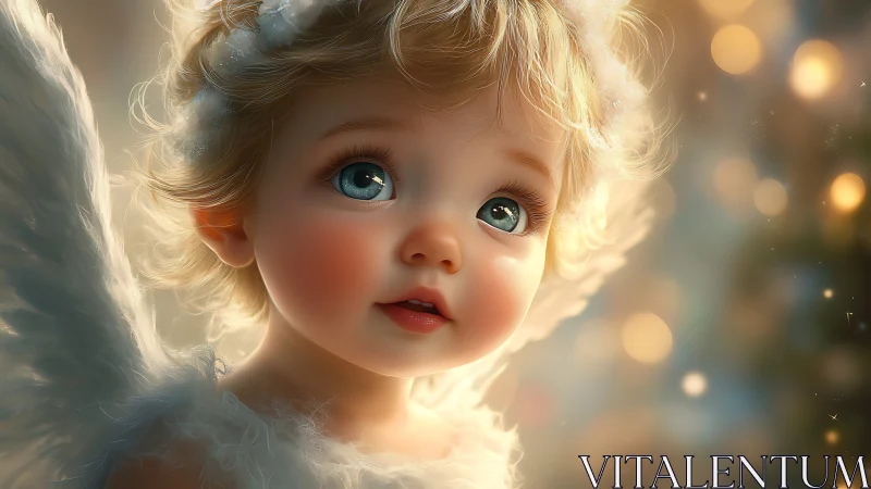 Blonde baby angel with wings and glowing bokeh background.