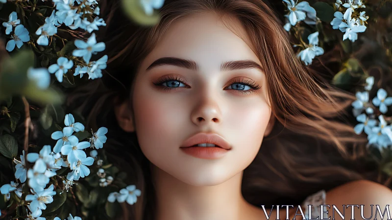 Female face amid blue flowers in close frontal view.