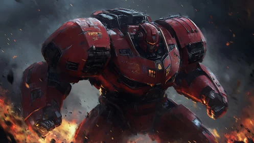 Armored red mech strides through battlefield fire and smoke.