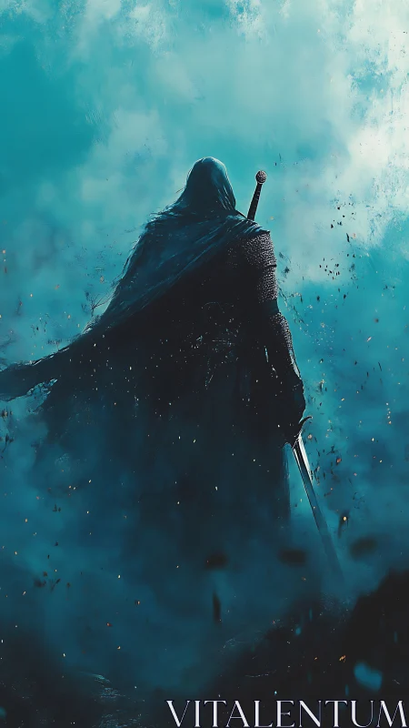 Cloaked fantasy warrior with sword in swirling blue mist.