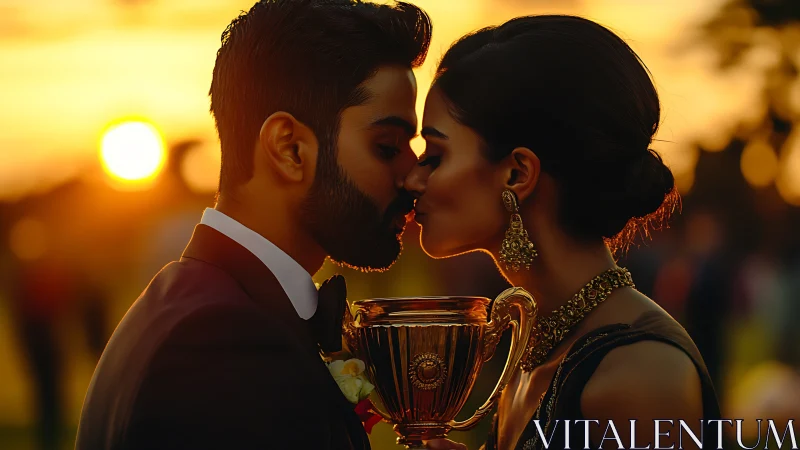 Romantic couple share a sunset kiss over shining trophy.