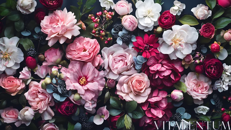 Luxe Floral Arrangement: Layered Blooms Against Dark Ground.