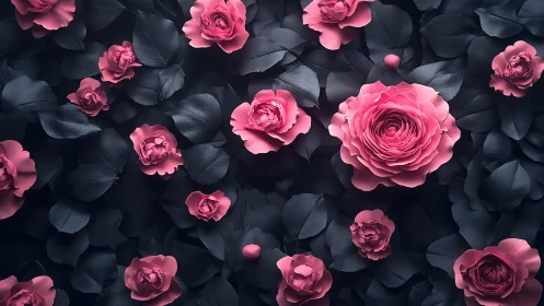 Neon Garden Blooms: Roses Luminous Against Midnight Foliage.