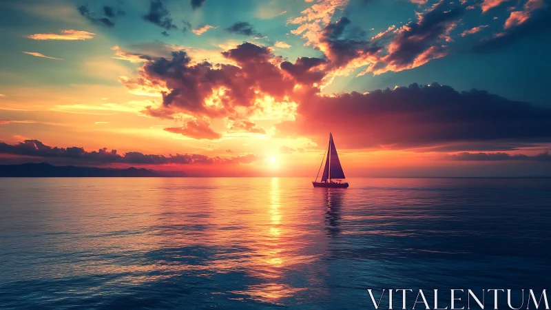 Solitary sailboat crossing calm sea at vivid sunset