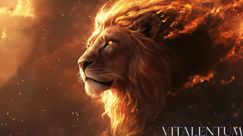 Solar-flamed lion king gazing through embers of twilight.