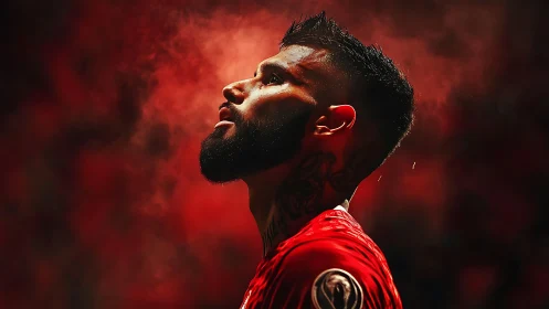 Side-lit footballer portrait in red atmospheric stadium haze