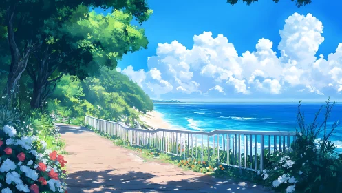 Coastal walkway with railing, trees, flowers, and sea view.