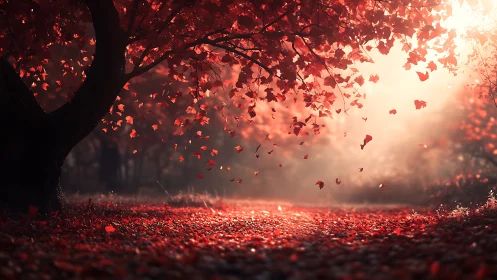 Gentle autumn path glowing under a canopy of red leaves.