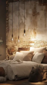 Rustic bedroom retreat under warm pendant lighting glow.