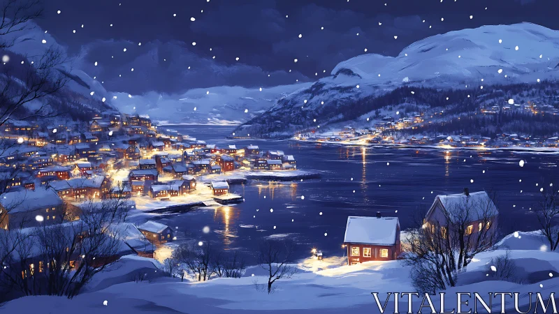 Snow-covered coastal village at night with illuminated houses.