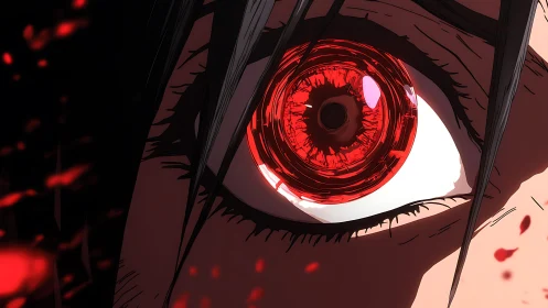 Close-up red glowing anime eye with abstract background.