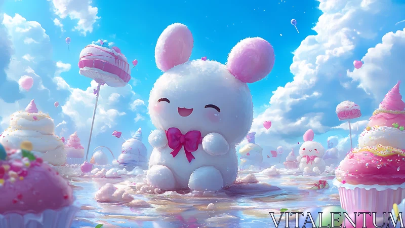 Candyfloss bunny giggles in a frosting-splashed skyland.