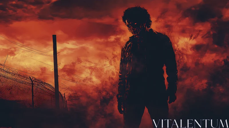 Silhouetted figure before barbed fence in red smoke field.