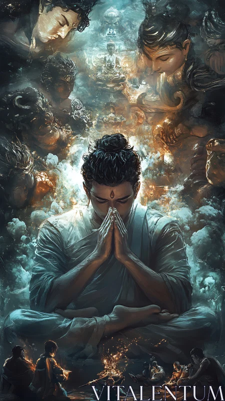 Meditative deity surrounded by ethereal celestial guardians.
