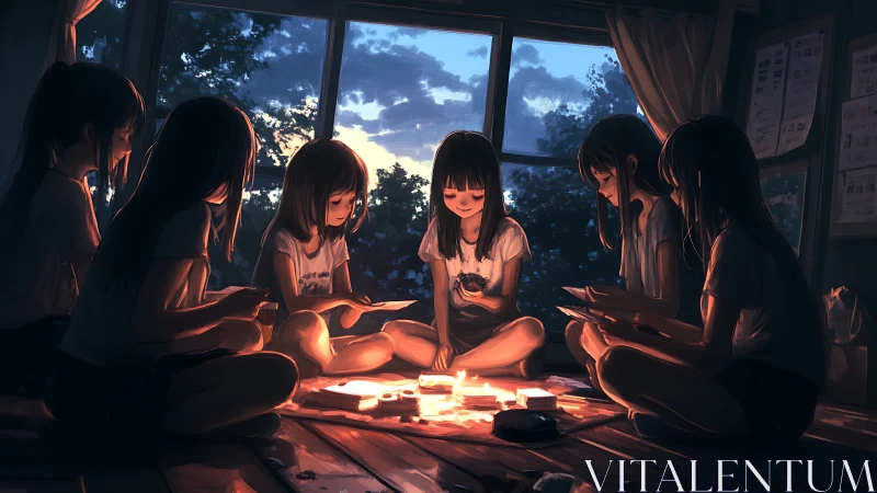 Group of girls sits around card game in dim interior light