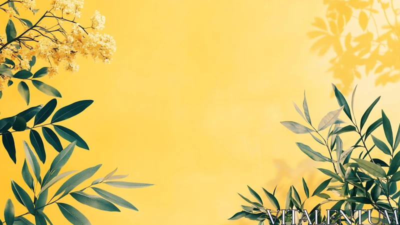 Green leaves and yellow blossoms on bright yellow background.