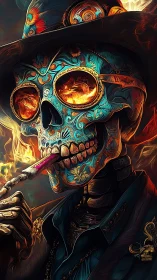 Flaming sugar skull gunslinger with ornate hat and cigar.