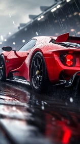 Red supercar on wet racetrack in heavy rain at night.