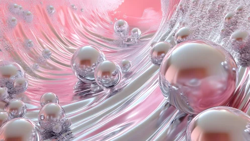 Shiny Metallic Spheres on Fluid Pink Abstract Surface, Futuristic Art.