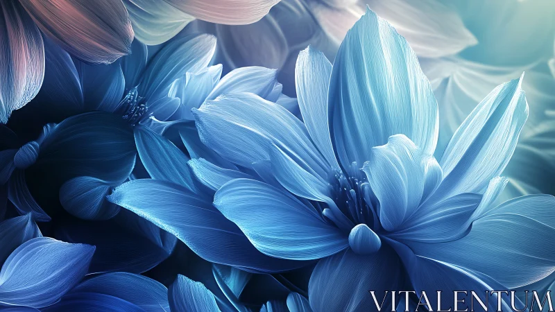 Layered blue petals form luminous abstract floral landscape