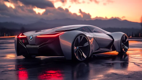 Futuristic BMW concept car on wet runway at neon sunset.