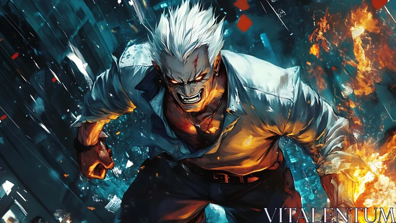 White‑haired inferno brawler storms through a neon firestorm.