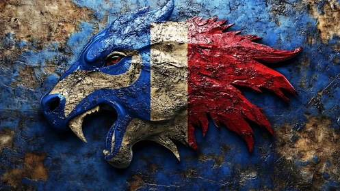 Textured tricolor lion emblem over distressed blue wall.
