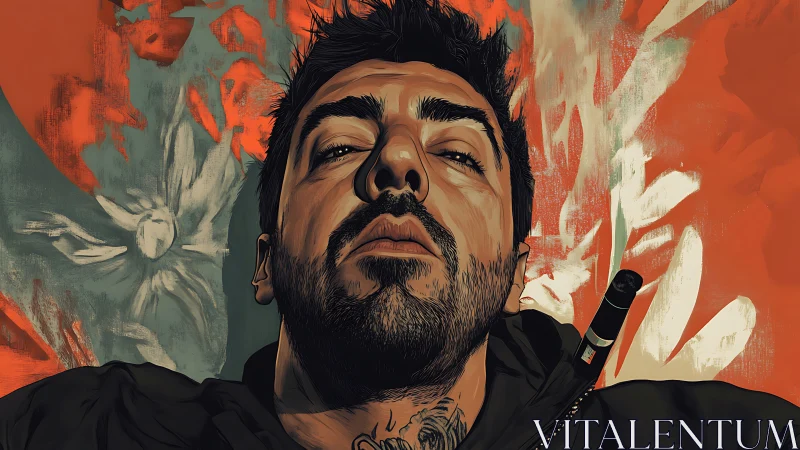 Moody digital portrait of man against bold red backdrop.