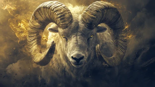 Storm-eyed ram rising from golden smoke and shadowed fire.