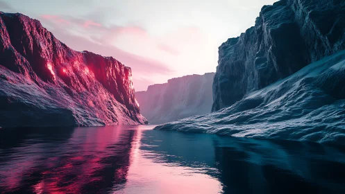Glacial canyon reflects neon sunset across still water