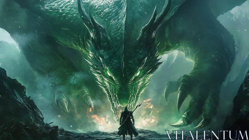 Emerald dragon confronts lone mage in a storm of green fire