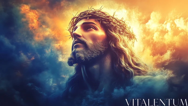 High-contrast divine portrait with volumetric clouds and halo light