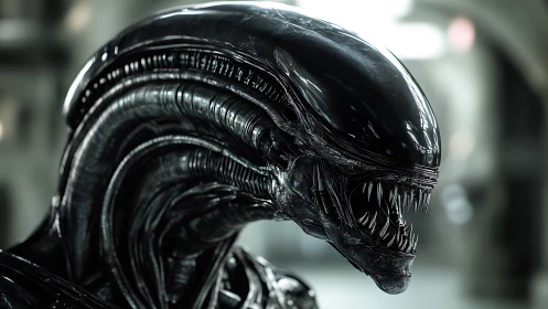 Biomechanical alien head rendered in hyperreal cinematic 3D