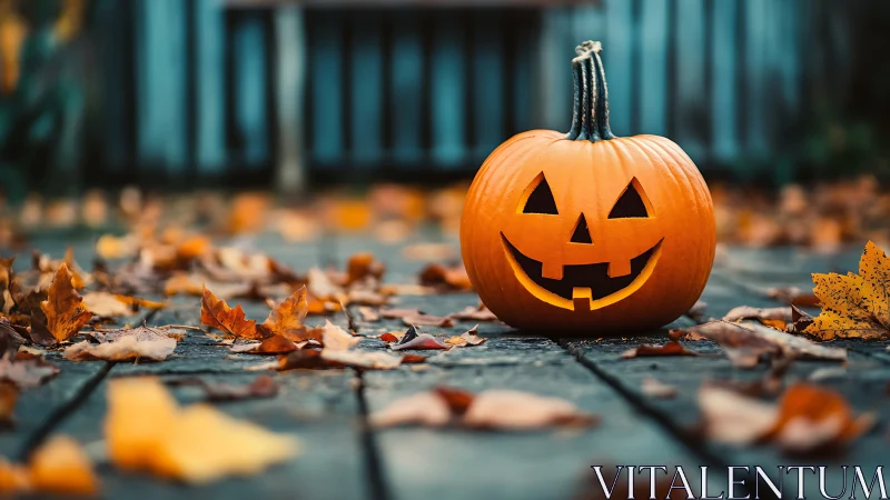 Smiling jack o lantern on leaf covered autumn walkway.