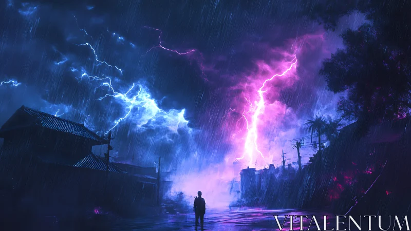 Stormlit wanderer walks beneath neon violet lightning sky
