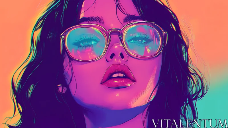 Neon portrait girl with reflective glasses and bold colors.