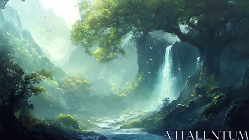Luminous Canyon Valley with Cascading Waterfall and Atmospheric Mist.