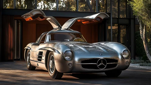 Silver gullwing classic basking in soft modern driveway light.