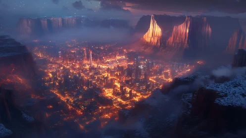 Emberlit canyon metropolis dreaming beneath frozen dusk.