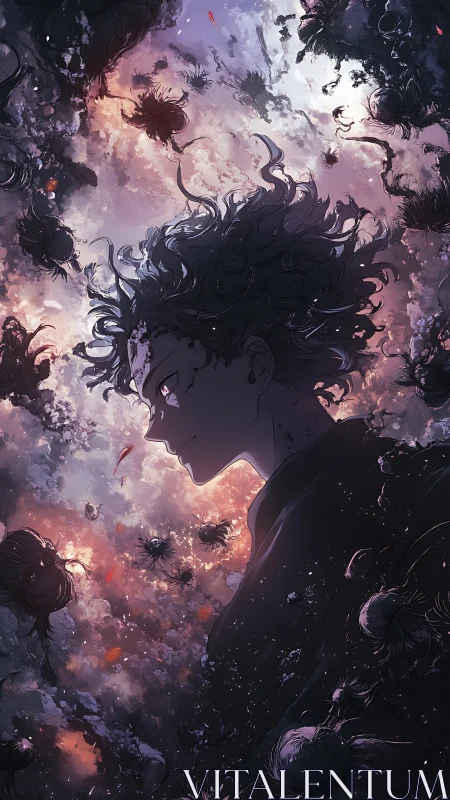 Storm-tossed dreamer drifting through bruised twilight clouds.