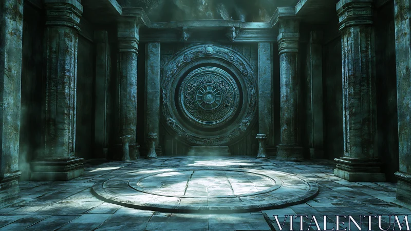 Ancient stone vault door waits in a misty, sacred chamber