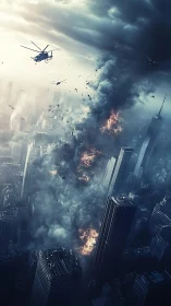 Cinematic vertical cityscape under catastrophic aerial assault.