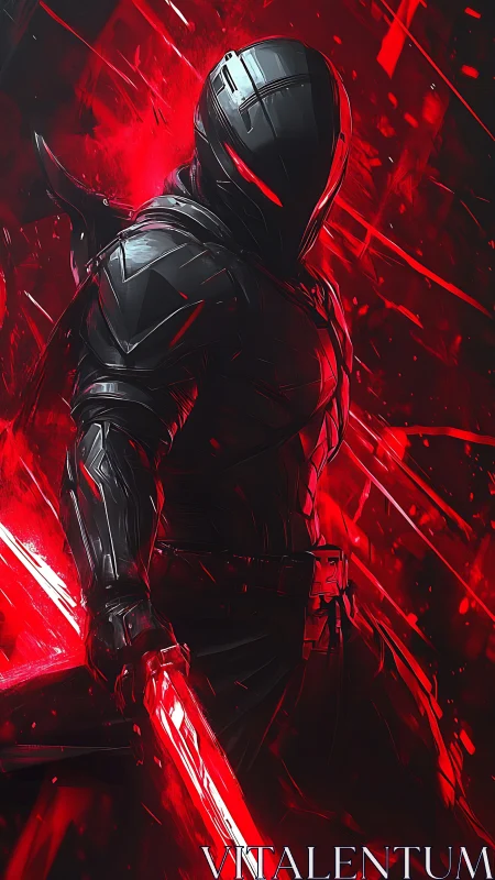 Cybernetic swordsman in black armor under red energy storm