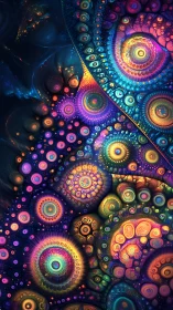 Multicolored concentric fractal circles on dark background.