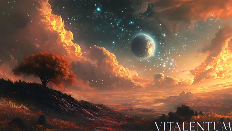 Lone tree under alien sky with glowing clouds and planet.