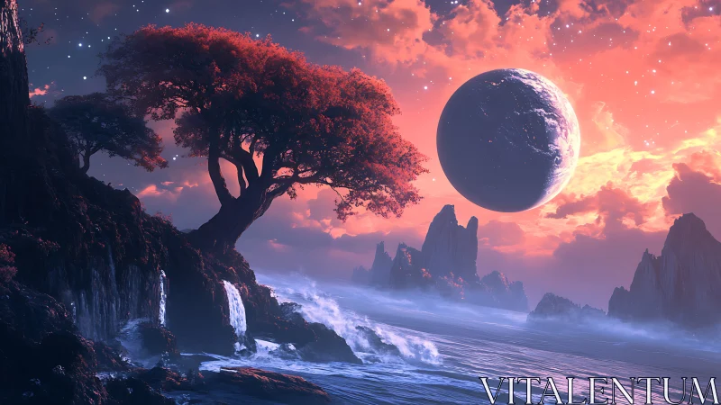 Luminescent alien coastline under large ringed planet at dusk