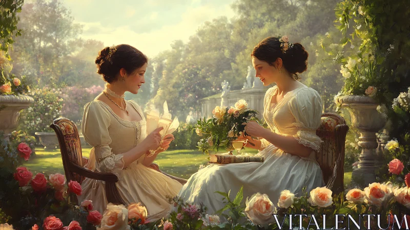 Two Victorian Women Reading Letters in a Lush Garden, Romantic Style.