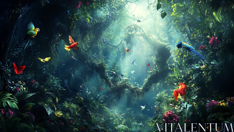 Luminous rainforest aviary with radiant tropical birds.